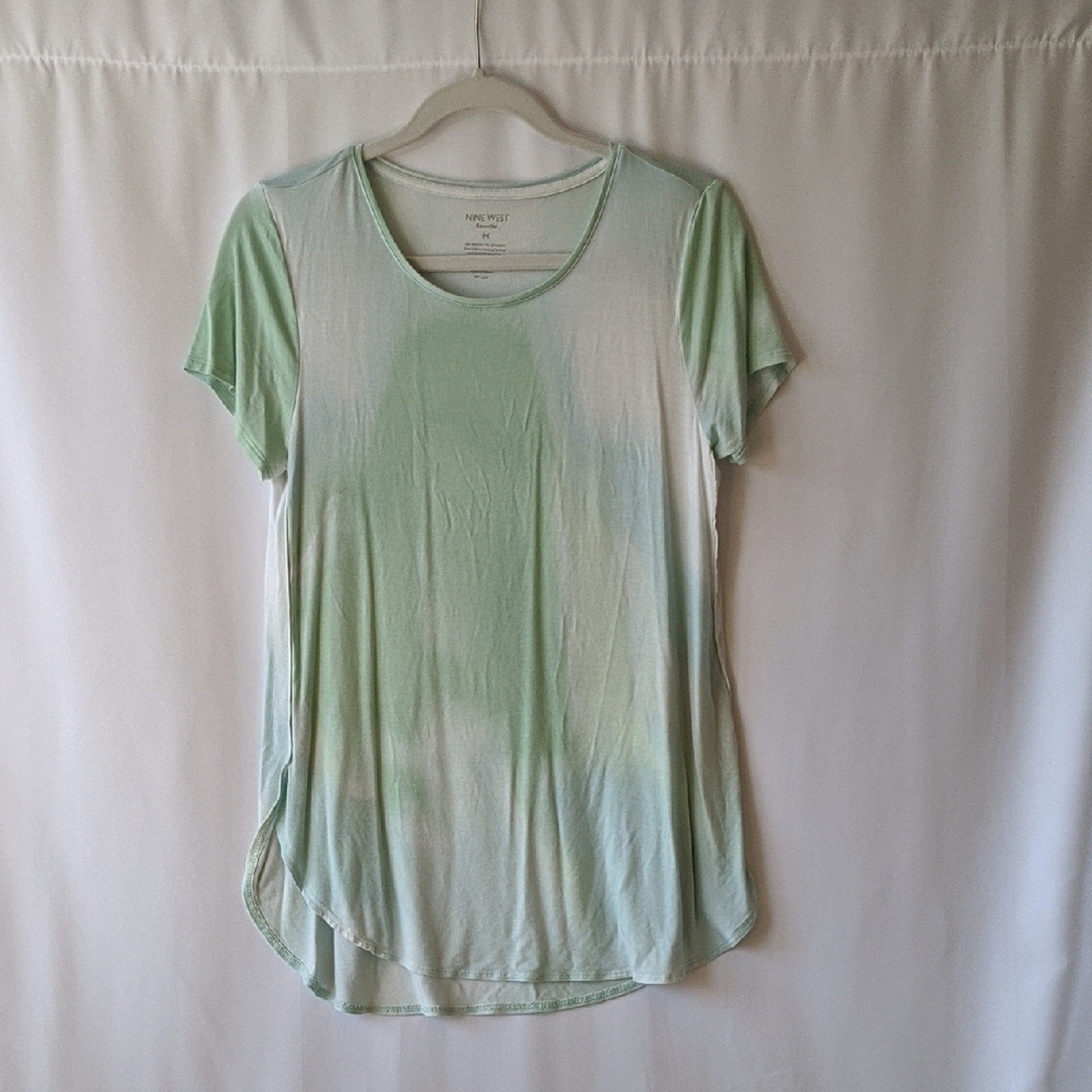 Nine West Green Teal Relaxed Short Sleeve Tee Cool Summer High Slit Long Tunic M